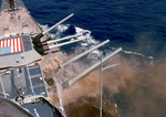 Smoke rising from the No. 2 turret of USS Iowa after accidental explosion, 19 Apr 1989