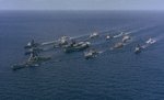 USS Iowa, USS Midway, and other ships of US Navy Battle Group Alpha underway, 1 Dec 1987