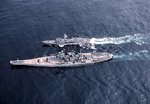 Guided missile frigate USS Halyburton receiving fuel from battleship USS Iowa in the North Atlantic, 6 Sep 1985, photo 4 of 5