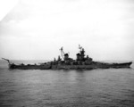 USS Iowa departing Wonsan harbor, Korea, 18 Apr 1952; note HO3S helicopter on aft deck