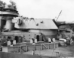 View of turret No. 2 and surrounding 20mm Oerlikon mounts aboard USS Iowa, New York Navy Yard, New York, United States, 9 Jul 1943