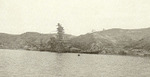Battleship Ise sunken in shallow water near Kure, Japan, 1945-1946; seen in US Navy publication