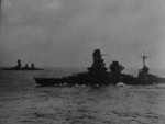 An Ise-class battleship and a Fuso-class battleship underway, 1930s or 1940s