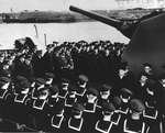 Commissioning ceremony of Johnston, Seattle, Washington, United States, 27 Oct 1943, photo 1 of 2; note Lieutenant Commander Evans speaking at left center