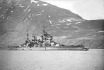 HMS King George V with bow damaged sustained after collision with HMS Punjabi, Seidesfjord, Iceland, 3 May 1942