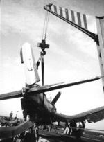 Crashed F4U-7 Corsair aircraft aboard French carrier La Fayette, 1962, photo 2 of 3