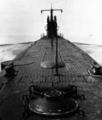 Looking forward along deck from stern of USS Marlin, off coast of New London, Connecticut, United States, Aug 1943