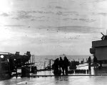 Anti-aircraft gunfire seen above American ships against French fighters, off Casablanca, Morocco, early morning of 8 Nov 1942; seen from the after deck of battleship Massachusetts