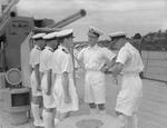 Rear Admiral William Tennant aboard HMS Mauritius, Jul 1942