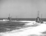 Destroyer Dale leading destroyer Monaghan through a turn during an exhibition off San Diego, California, United States by US Navy Destroyer Squadron 20 for Movietone News, 14 Sep 1936