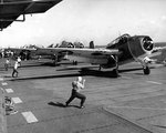 TBM-1C Avenger bombers prepared to take off from Monterey to attack targets on Tinian, Jun 1944