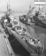 USS Montpelier at Mare Island Navy Yard, California, United States following overhaul, 21 Oct 1944; USS Indianapolis in background