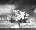 Operation Crossroads atomic detonation at Bikini Atoll, Jul 1946; profile of battleship Nagato could be seen at the base of the mushroom cloud