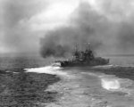 Light cruiser USS Nashville bombarding Kiska Island, Aleutian Islands, Alaska, 7 Aug 1942