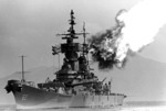 Battleship New Jersey bombarding enemy positions near Tuyho, South Vietnam, late Mar 1969