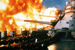 Battleship New Jersey firing a salvo during deployment off Beirut, Lebanon, 9 Jan 1984