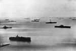 Elements of Task Force 58 of the US Navy 5th Fleet at anchor, Majuro Atoll, Marshall Islands, probably Apr 1944