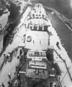 View of the bow of USS North Carolina from the bridge, circa mid-1941