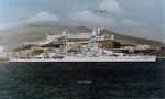 USS Oklahoma passing Alcatraz island, San Francisco Bay, California, United States, 1930s