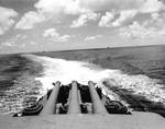 Looking astern on Pensacola during Battle of Midway, 4 Jun 1942; the ships seen were probably destroyer Benham and cruiser Vincennes