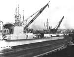 USS Pompon in drydock at Mare Island Navy Yard, California, United States, late 1944, photo 2 of 2