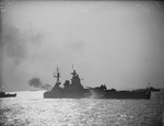 HMS Rodney and other warships off the coast of Normandie off Caen, France, Jun-Jul 1944