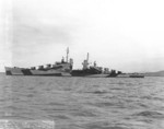USS San Diego off Mare Island Naval Shipyard, Vallejo, California, United States, 10 Apr 1944, photo 2 of 5; note camouflage Measure 33, Design 24d