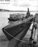 Sargo at Mare Island Navy Yard, 28 Apr 1943, white outline indicate recent alterations, photo 1 of 2