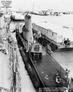 Aft plan view looking forward of USS Carbonero at Mare Island Naval Shipyard, California, United States, 18 Feb 1952, photo 1 of 2; note USS Diodon outboard and USS Segundo forward