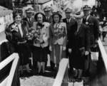 Mrs. Tisdale, RAdm E L Cochrane, Mrs. Gieselmann, RAdm M S Tisdale, Jean Gieselmann, Capt A O Gieselmann, Mrs. Klein, and Capt G C Klein at the launching of Spot, Mare Island Naval Shipyard, Vallejo, California, United States, 19 May 1944