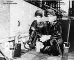 Honorary welders C. R. Campbell and Georg Lyon at the keel laying of submarine Spot, Mare Island Naval Shipyard, Vallejo, California, United States, 24 Aug 1943