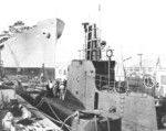 USS Sunfish at Mare Island Navy Yard, Vallejo, California, United States, 24 Oct 1942; note submarine tender Bushnell in background