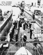 Commissioning ceremony of USS Sunfish, Mare Island Naval Shipyard, Vallejo, California, United States, 15 Jul 1942; note submarine Tunny alongside