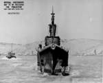 Submarine USS Trepang departing Mare Island Naval Shipyard, California, United States, 12 Jul 1944; note escorting vessel nearby