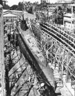 Stern view of the Tunny on the building ways at Mare Island Naval Shipyard, Vallejo, California, United States, 30 Jun 1942