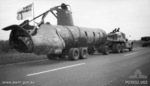 Wreck of the Japanese midget submarine sunk in Sydney Harbor aboard a truck enroute between Sydney and Melbourne during an exhibition tour to raise money for the naval relief fund, Australia, Nov 1942
