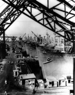 VC2-S-AP3 ships Lincoln Victory, Panama Victory, Joplin Victory, and Columbia Victory on the ways at CalShip yards, Los Angeles, California, United States, spring 1944.