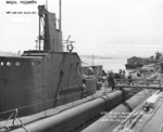 View of the conning tower of USS Wahoo, Mare Island Navy Yard, Vallejo, California, United States, 10 Aug 1942, photo 1 of 2