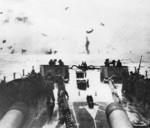 View over the bow of USS Washington during Gilbert Islands campaign, Dec 1943