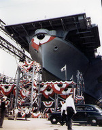 Launching ceremony of carrier Wasp, Bethlehem Steel Company shipyard, Quincy, Massachusetts, United States, 17 Aug 1943