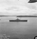 USS Wasp (Essex-class) just before departing Puget Sound Navy Yard, Bremerton, Washington, United States bound for San Francisco, California, 9 Jun 1945. Note new Measure 21 paint scheme, all over sea blue. Photo 2 of 5