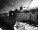 USS Wasp in drydock, Bayonne, New Jersey, United States, late Apr 1952; note damage caused by collision with USS Hobson
