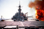 Battleship Wisconsin firing her turret no. 3 guns against Iraqi positions in southern Kuwait during Operation Desert Storm, 6 Feb 1991