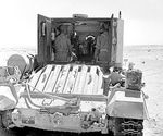 Valentine Bishop self-propelled gun in the Western Desert, Egypt, 25 Sep 1942, photo 3 of 3; note opened rear doors of the armored box