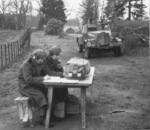 British Army trainees on exercise with No. 19 wireless set and weaponless Humber Light Reconnaissance Car Mk II, Reconnaissance Training Centre, Catterick, England, United Kingdom, date unknown