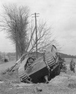 German Jagdpanther tank destroyer flipped over by an aerial bomb, near Altenkirchen, Germany, 1945