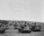 American M3 tanks in group maneuvers, England, United Kingdom, circa 1942-1943