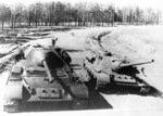 Uralmash-1 prototype tank destroyer and SU-100 tank destroyer, Uralmash plant, Sverdlovsk, Russia, Apr 1945