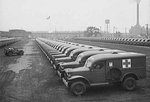 Acres of Dodge WC54 3/4-ton field ambulances outside a factory, Detroit, Michigan, United States, Aug 1942