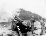 155 mm Howitzer M1 of A Company, 90th Field Artillery Battalion, US 24th Infantry Division firing, Kojongchon sector, Korea, 3 Jun 1951